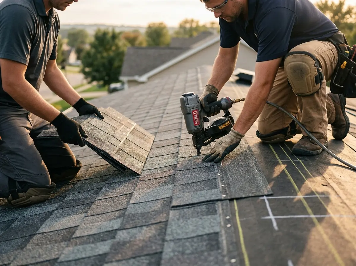 Professional roofer working on a residential roof in Springfield